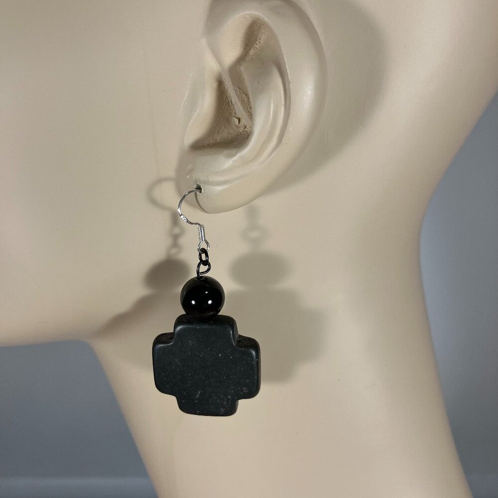 Handcrafted Black Onyx and Black Howlite Cross Earrings – 1-1/4” Long